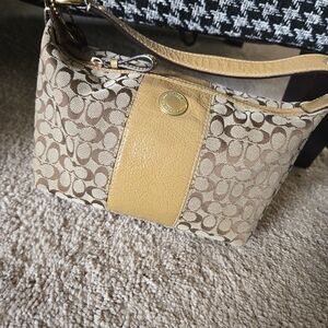 Coach Signature Canvas Small Shoulder Bag Tan Brown Leather Trim